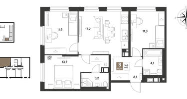 3-к. квартира, 68 м²
