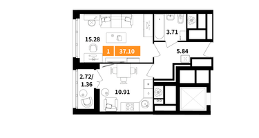 1-к. квартира, 37 м²