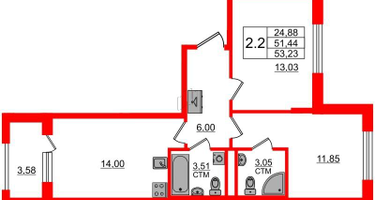 2-к. квартира, 51&nbsp;м²
