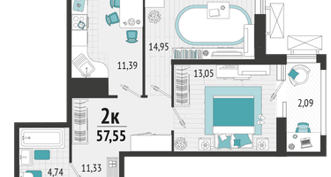 2-к. квартира, 55&nbsp;м²