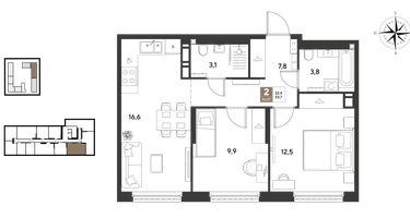 2-к. квартира, 53 м²
