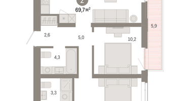 2-к. квартира, 69 м²