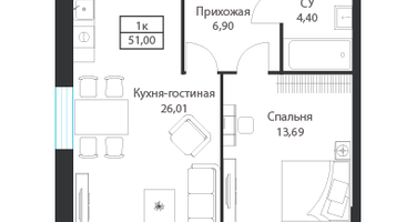 1-к. квартира, 51&nbsp;м²