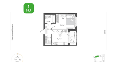 1-к. квартира, 35&nbsp;м²