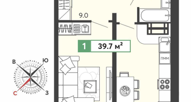 1-к. квартира, 39&nbsp;м²