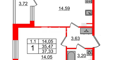 1-к. квартира, 34&nbsp;м²