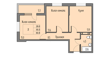 2-комнатная квартира, 58&nbsp;м²