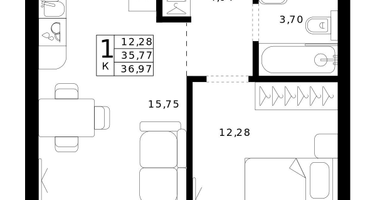 1-к. квартира, 36&nbsp;м²