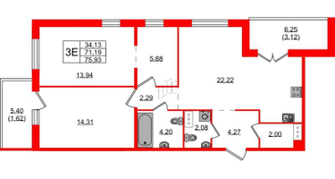 3-к. квартира, 75&nbsp;м²
