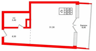 Студия, 52 м²