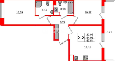 2-к. квартира, 54 м²