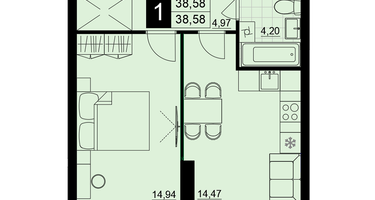 1-к. квартира, 38&nbsp;м²