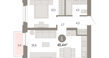 1-к. квартира, 45 м²
