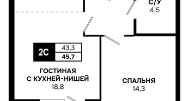 2-к. квартира, 45&nbsp;м²