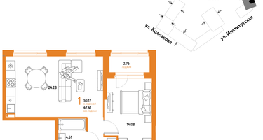 1-к. квартира, 50&nbsp;м²