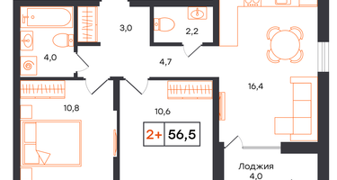 2-к. квартира, 56&nbsp;м²