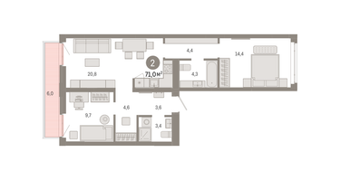 2-к. квартира, 70 м²