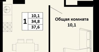 1-к. квартира, 37&nbsp;м²