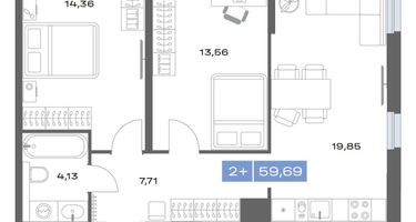 2-к. квартира, 59&nbsp;м²