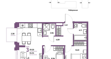 3-к. квартира, 59 м²