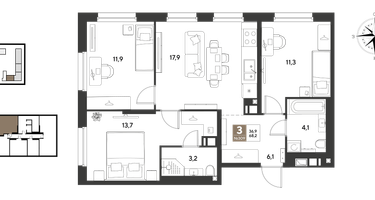 3-к. квартира, 68 м²