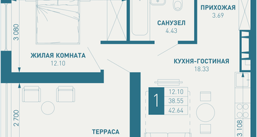 1-к. квартира, 52&nbsp;м²