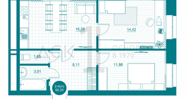 2-к. квартира, 55&nbsp;м²