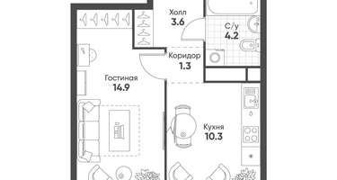 1-к. квартира, 34&nbsp;м²