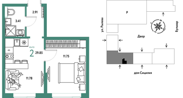 2-к. квартира, 29&nbsp;м²