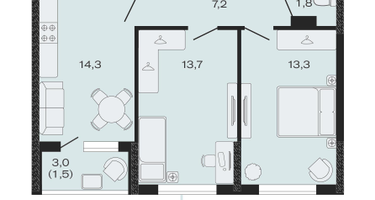 2-к. квартира, 55&nbsp;м²