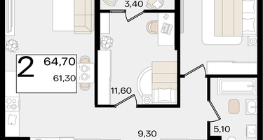2-к. квартира, 64&nbsp;м²