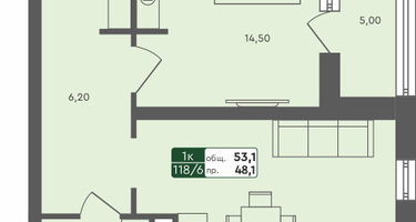 1-к. квартира, 53 м²