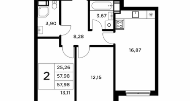 2-к. квартира, 57&nbsp;м²