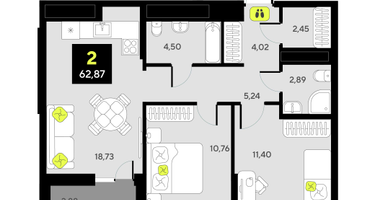 2-к. квартира, 62&nbsp;м²