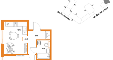 1-к. квартира, 43&nbsp;м²