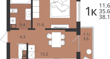 1-к. квартира, 35&nbsp;м²