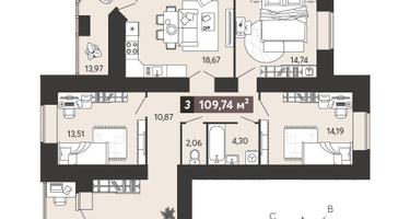 3-к. квартира, 109&nbsp;м²