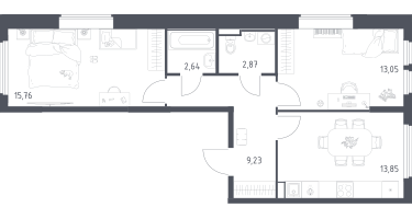 2-к. квартира, 57&nbsp;м²