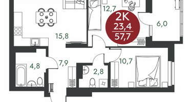 2-к. квартира, 57&nbsp;м²