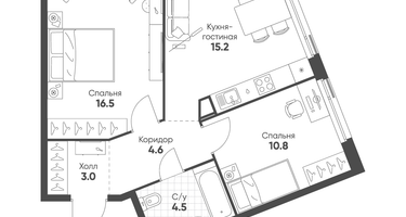 2-к. квартира, 54 м²