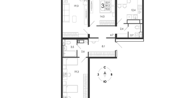 3-к. квартира, 90 м²