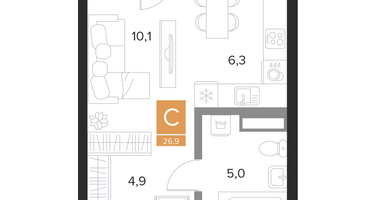 Студия, 26,9 м²