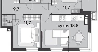 2-к. квартира, 63 м²