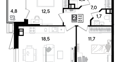 2-к. квартира, 58&nbsp;м²