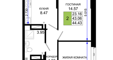 2-к. квартира, 44&nbsp;м²