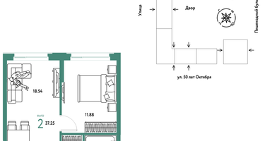 2-к. квартира, 37&nbsp;м²