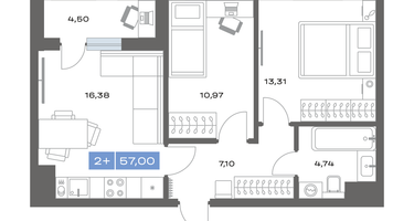2-к. квартира, 57&nbsp;м²