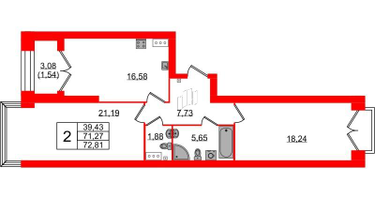 2-к. квартира, 76&nbsp;м²