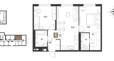 2-к. квартира, 57 м²