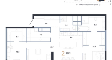 2-к. квартира, 121 м²